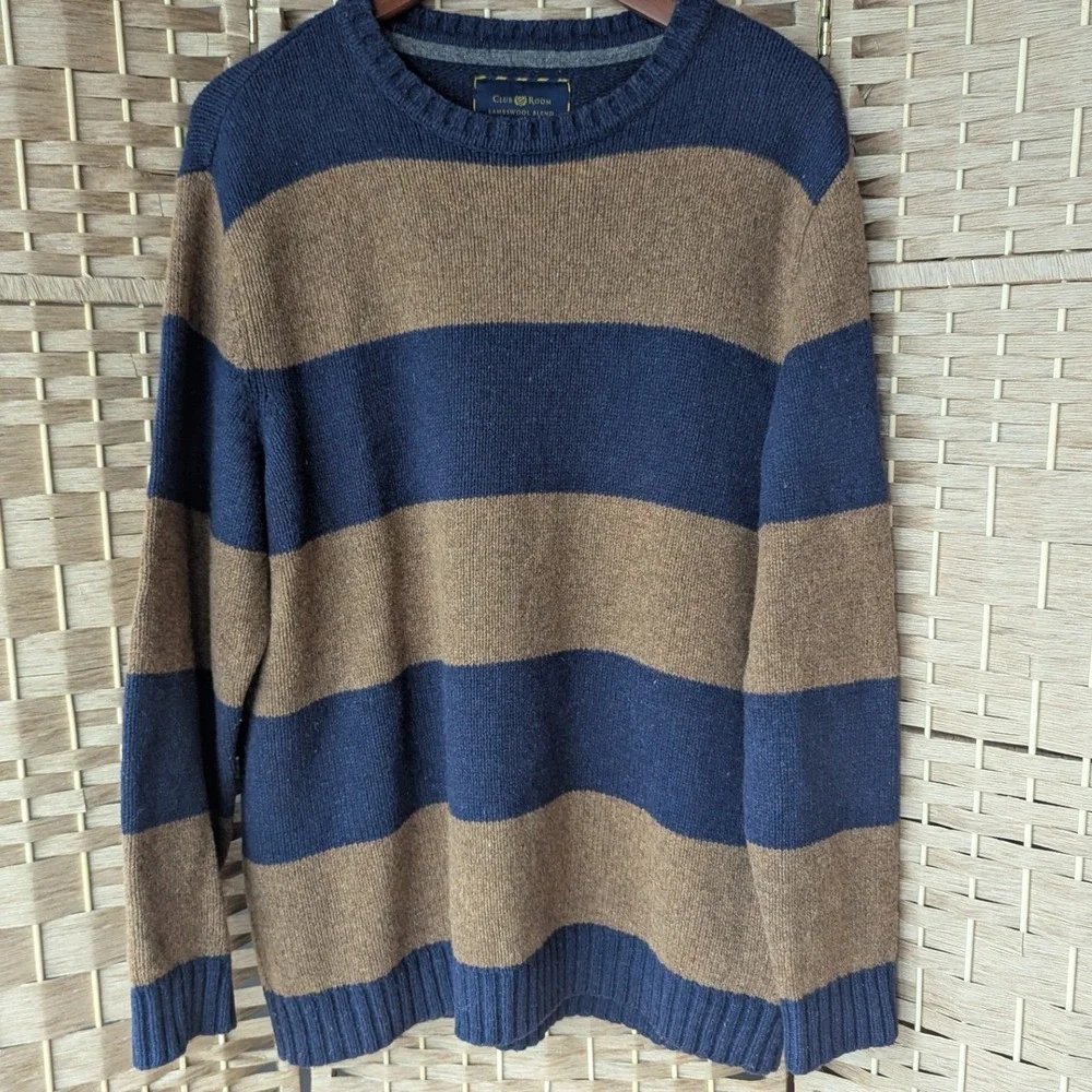 Club Room Lambswool Blend Striped Crew Neck Sweater Navy Blue Brown Mens‎ Sz XL